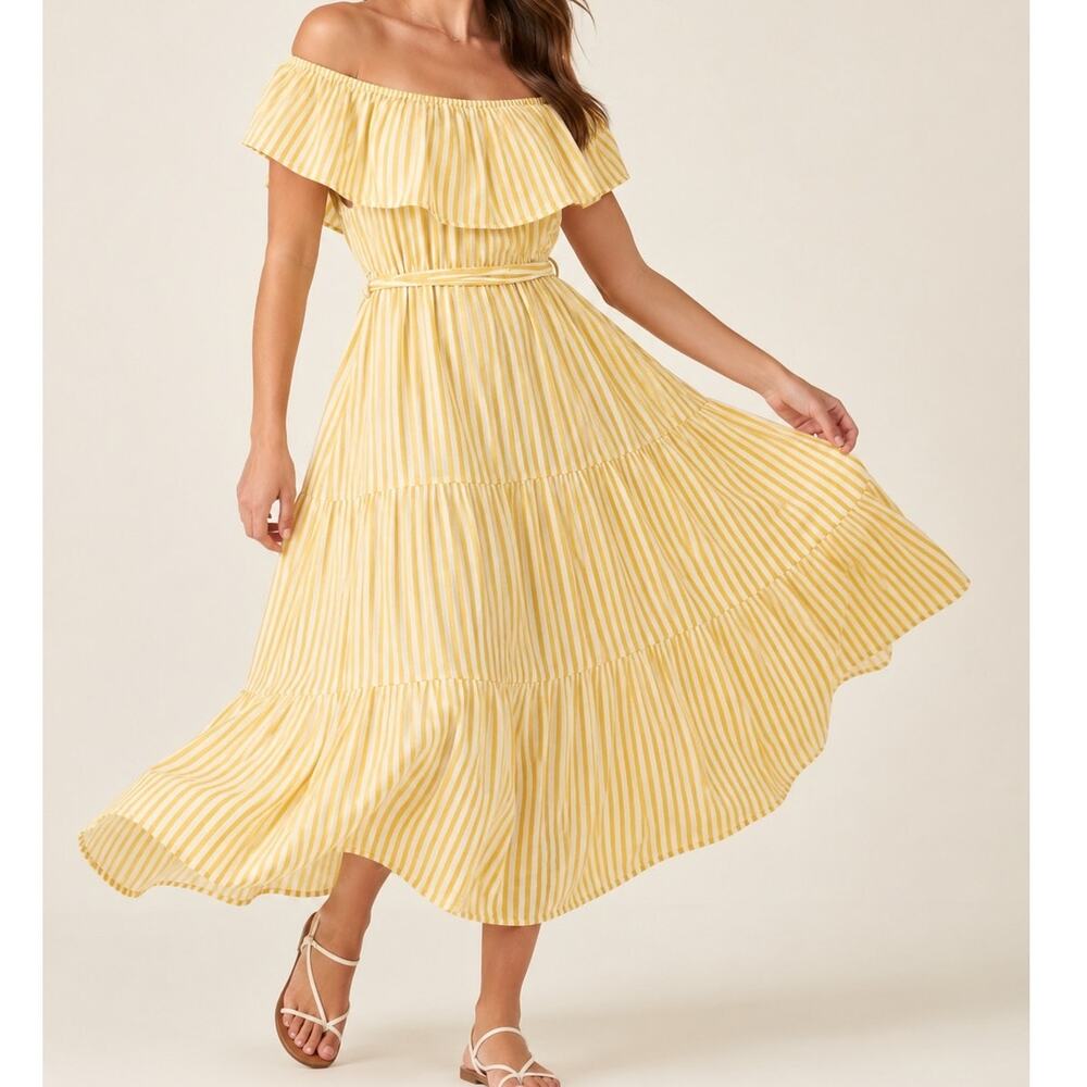 Off Shoulder Yellow White Striped Tiered Midi Dress Cotton Womens 2X Girl Soul